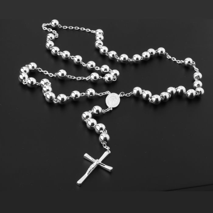 Heavy Sterling Silver Rosary Necklace on Black Background